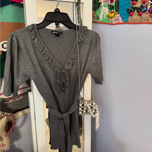 Takara Gray Ruffle Wrap top - Picture 2 of 8